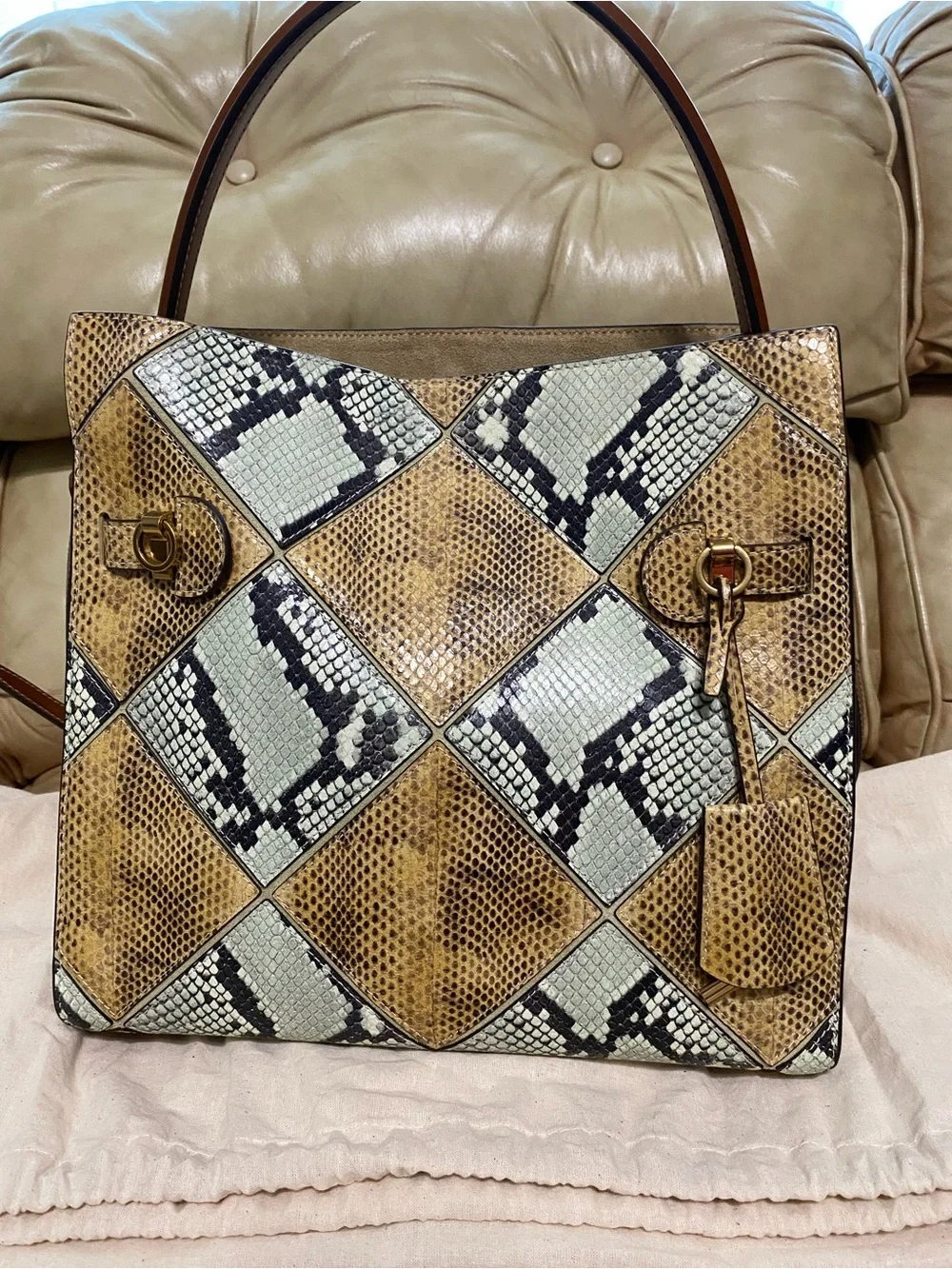 LKNW Tory Burch Lee Radziwill Large Double Bag Leather Snake Python Green Beige